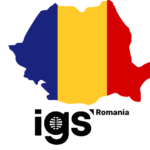 Romania map country shape with Romania flag colors, below which is written IGS Romania