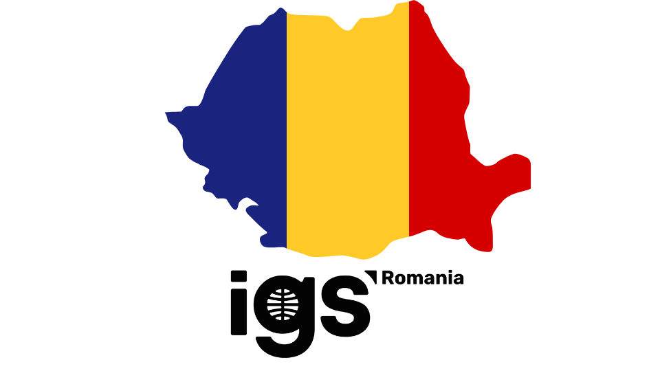 Romania map country shape with Romania flag colors, below which is written IGS Romania